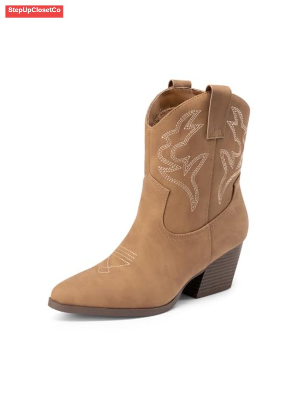 Embroidered Stitched Cowboy Boots Low Chunky Heel Pointed Toe Ankle Booties